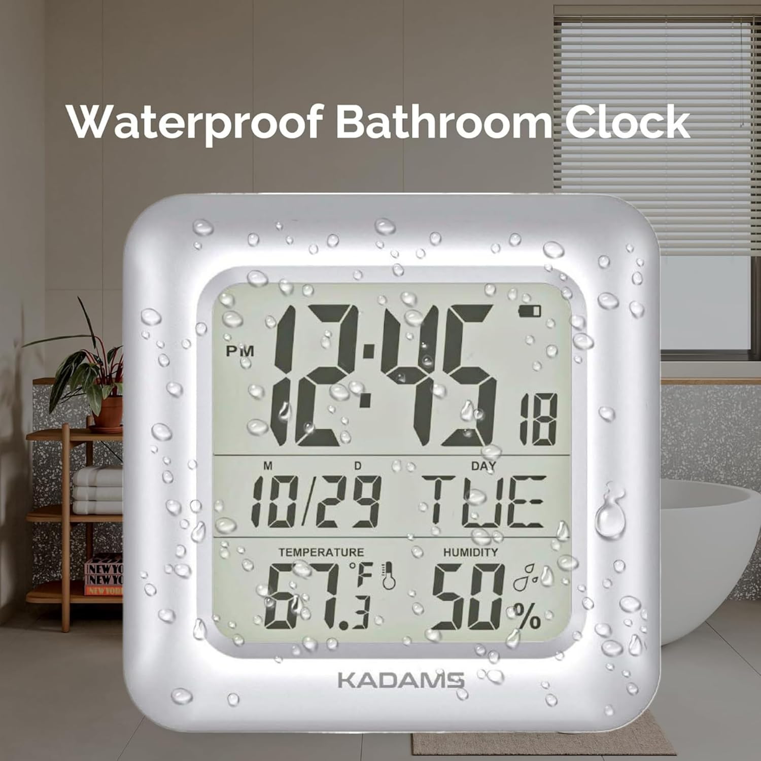 KADAMS Bathroom Clock 9.5 Kitchen Wall Clock with Large LCD Screen – Shower Clock with Suction Cup,Temperature, Humidity, Calendar – Water-Resistant, 4 Mounting Options, Silver